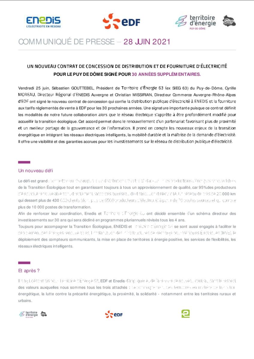 Communiqué de Presse – Un nouveau contrat de concession pour la distribution et la fourniture d’électricité dans le Puy-de-Dôme